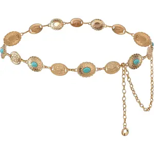 Turquoise Concho Chain Belts for Women - Western Cowgirl Boho Metal Chain Belts, Women Concho Links  Belt for Dresses