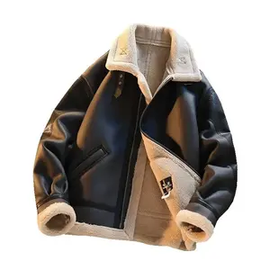 Sheepskin One-piece Jacket Men Winter Fleece Lined Thickened Motorcycle Jacket Trendy Brand Deerskin Velvet Jacket Cotton Jacket Lamb Wool Leather Jacket