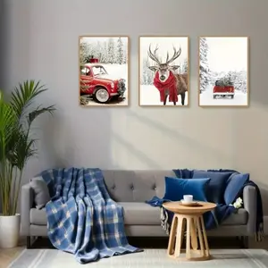 3pcs Christmas Theme Reindeer Canvas Paintings with Wooden Frame, Car Winter Decorations for Living Room, Mdf Material, Made in China