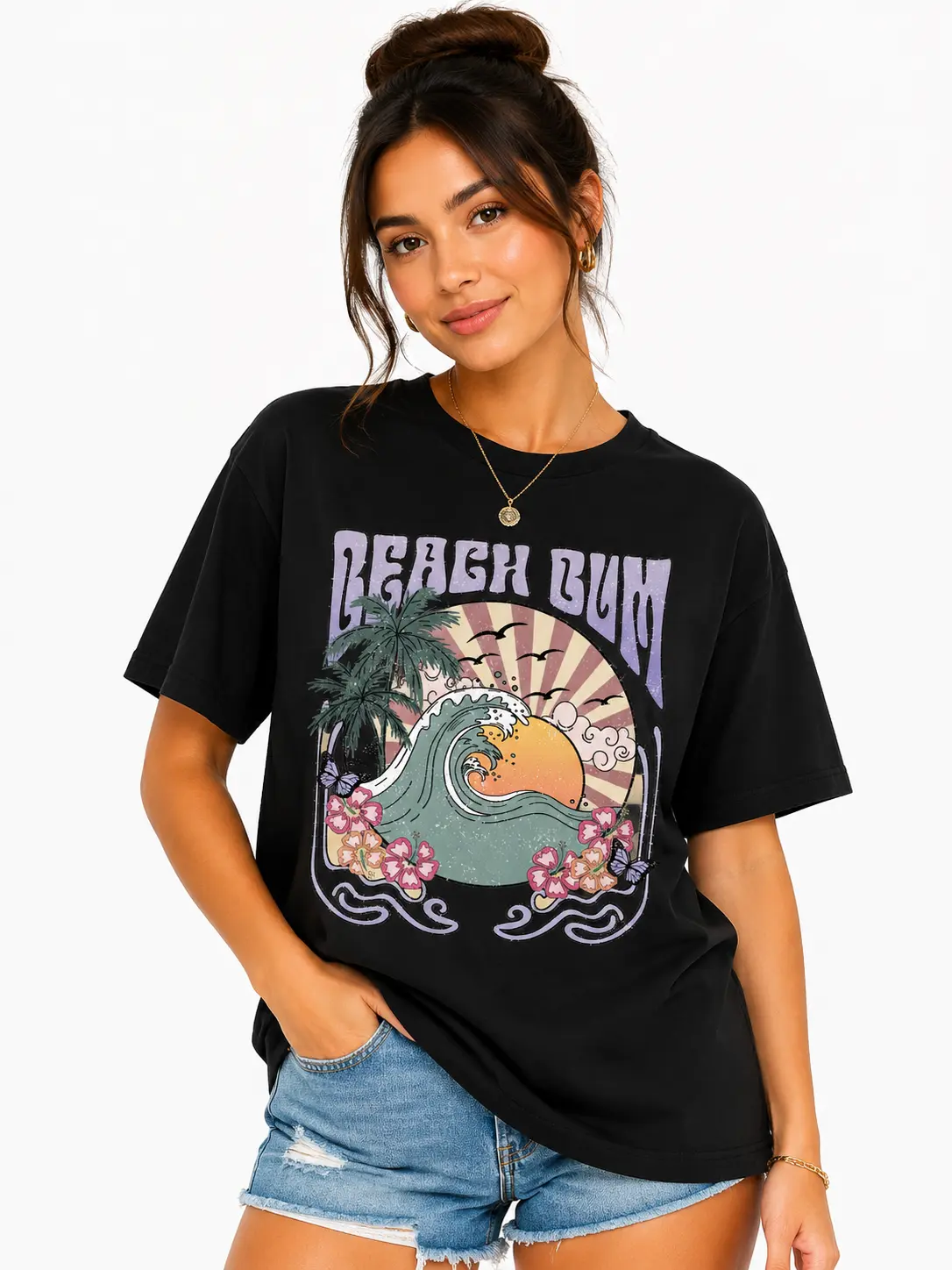 Beach Bum Palm Cotton Plus Size Unisex Graphic T-Shirt,Soft, comfortable, and breathable, perfect for everyday wear,Beach outfits Y2K Vintage style,Cute tops,Boho Summer clothes,Summer trendy tops,Gift For Casual Fashion Lovers