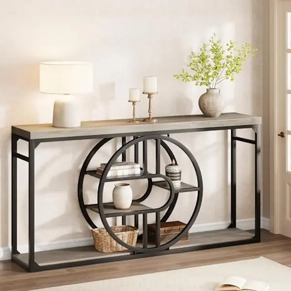 55" Industrial Entryway Table, 5-Tier Narrow Console Table with o-Shaped Metal Frame, Storage Sofa Table for Living Room, Hallway & Entrance.
