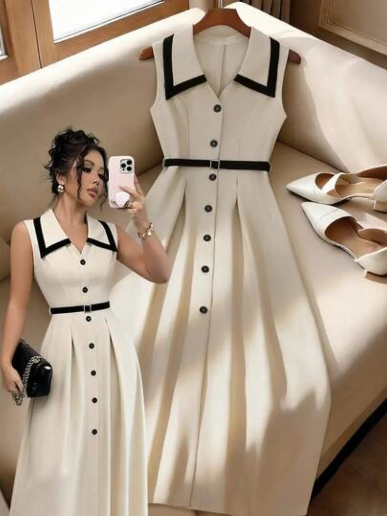 Elegant Contrast Lapel Sleeveless Dress with Belt, V Neck Single Button Midi Dress, Women's Formal Office Wear Nk-Wry-5916