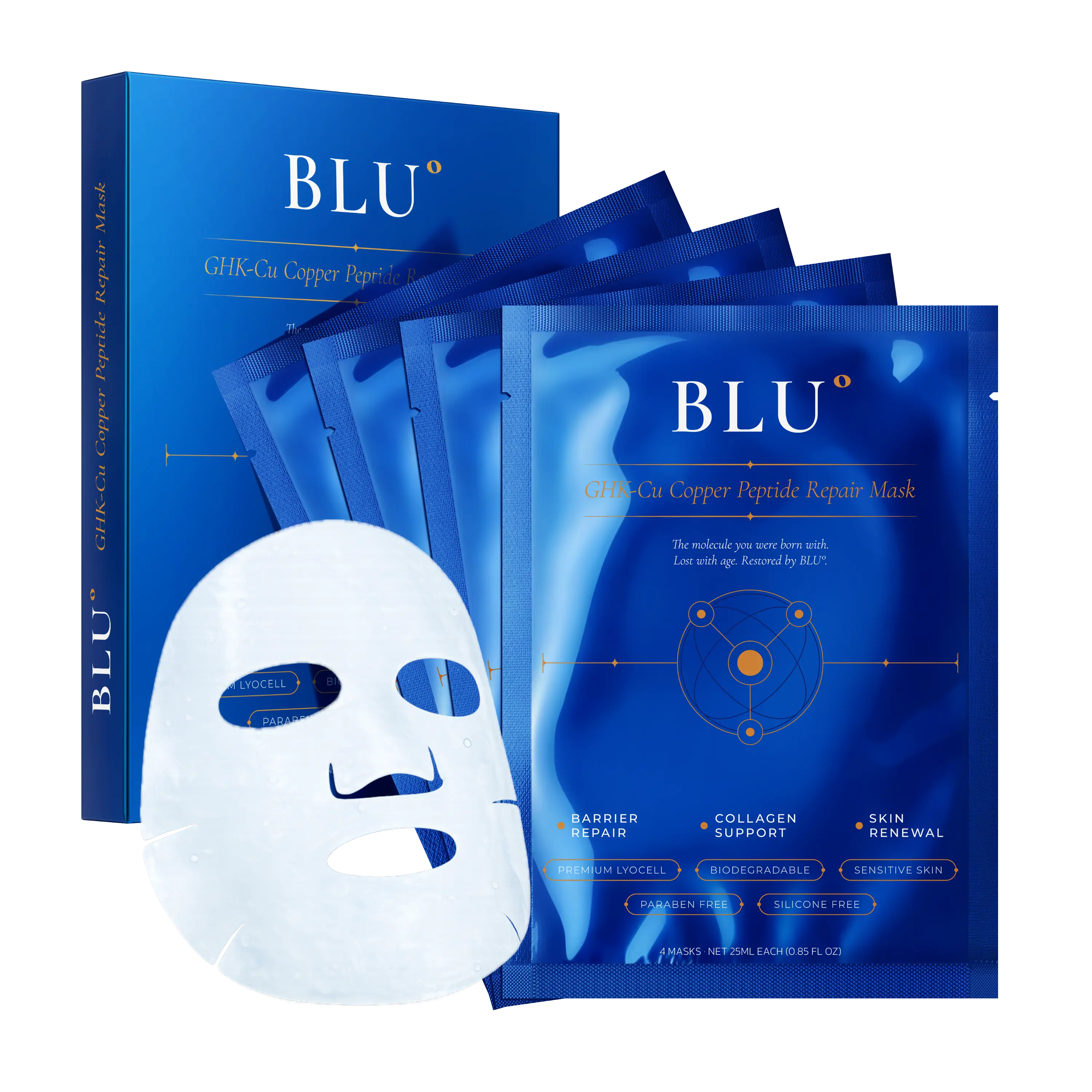 BLU° GHK-Cu Copper Peptide Sheet Mask — 0.1% Copper Tripeptide-1, EDTA-Free | Hydrating & Moisturizing Lyocell Mask for Fine Lines, Dullness & Moisture Barrier Support | Ceramide NP, Centella & Hyaluronic Acid (Sodium Hyaluronate) | 4 Pack