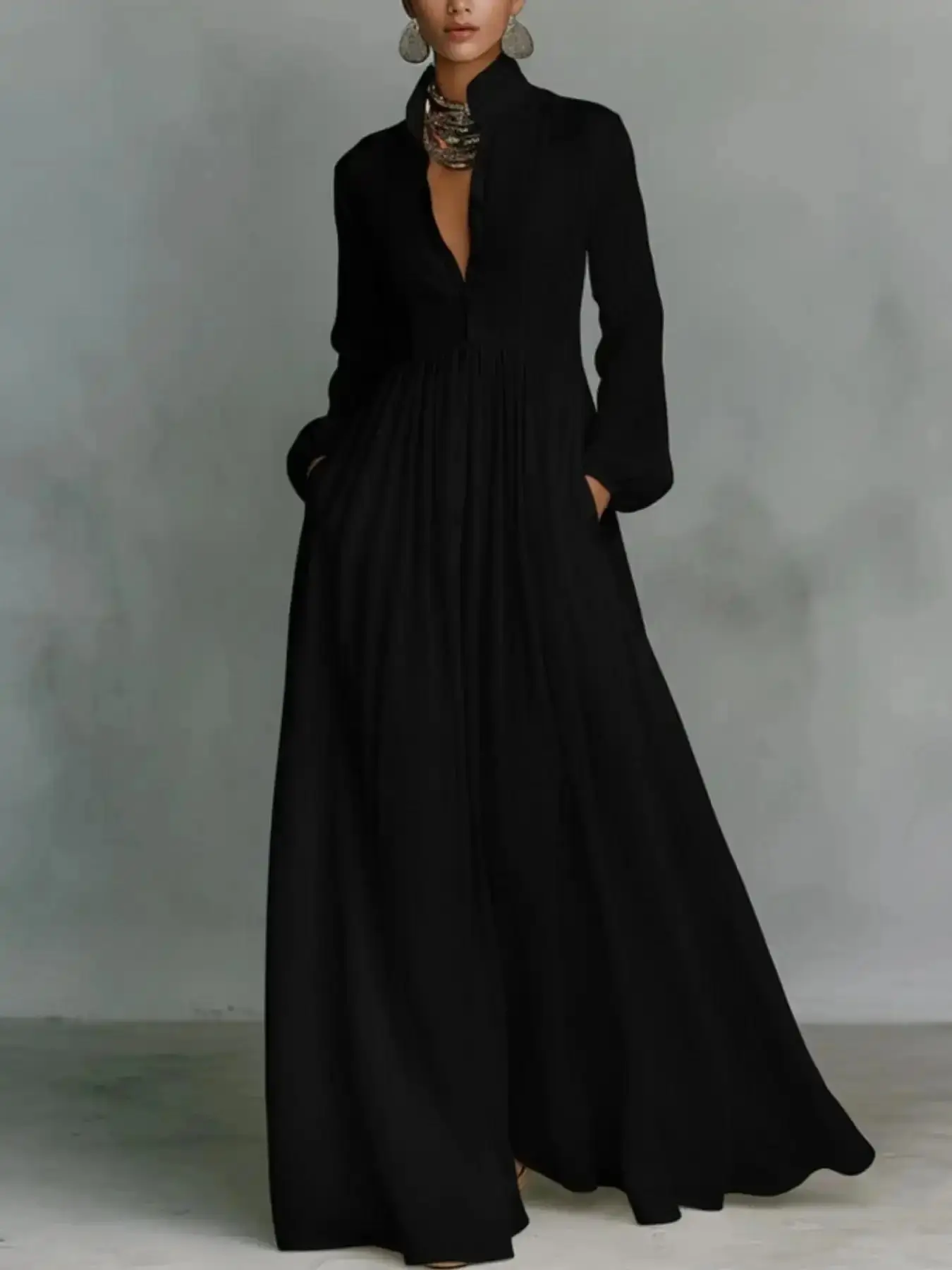2026 Summer New Long Dress with Pockets Sleeve Waist Cinch Design Fashionable Chic Stand Collar Deep V Neck Elegant Women's wardrobe essential seasonal musthave flattering fit summer staple timeless piece