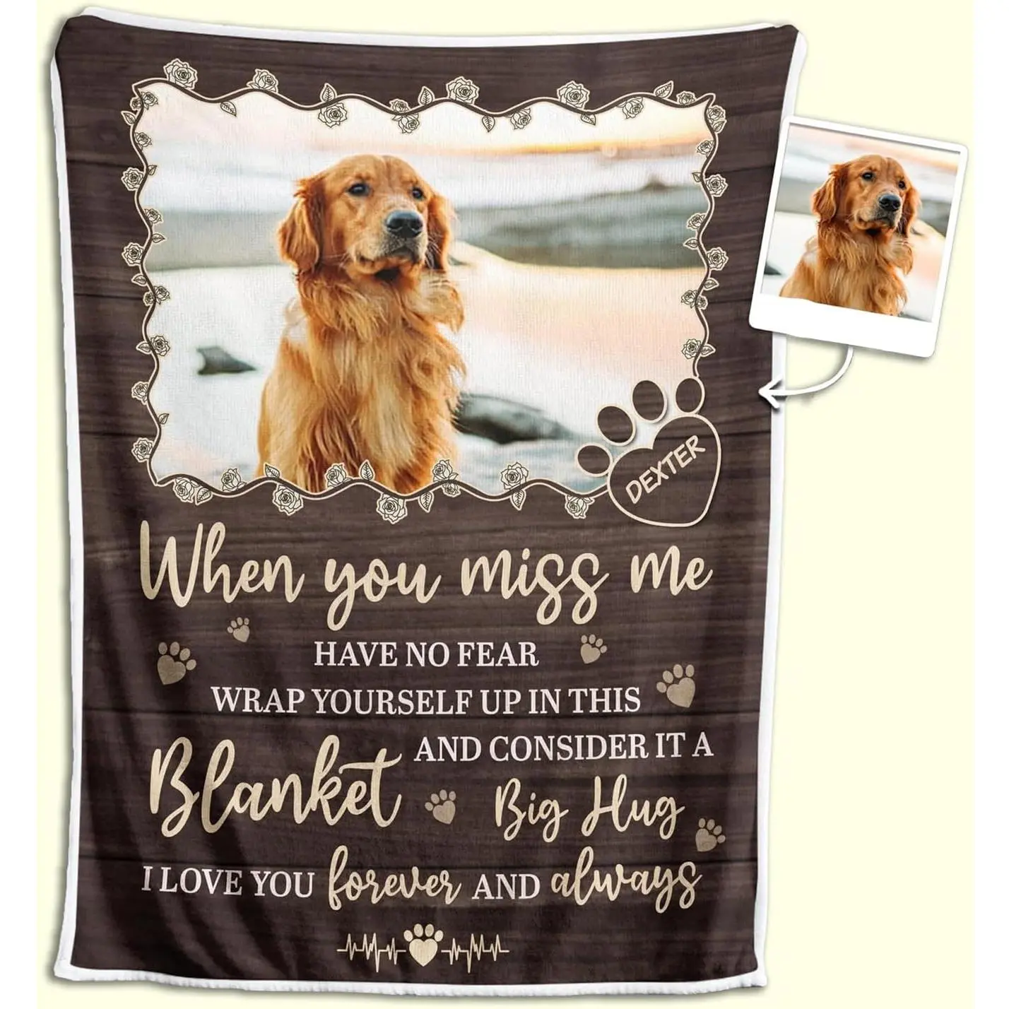 Personalized Dog Memorial Sherpa & Microfiber Throw Blanket - 60x80", Beige, Customizable with Pet Photo