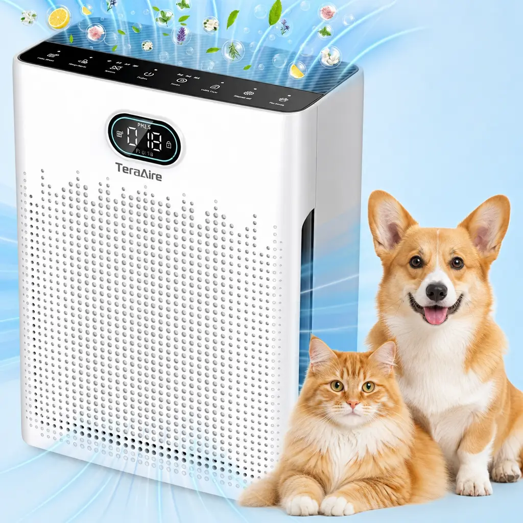 TeraAire HEPA Air Purifier for Family & Work Spaces - 2200 Ft² Coverage, PM2.5 Monitor, Pet Mode, Timer, Washable Pre-Filter, Reduces Smoke, Odor, Dander, Pollen, Aromatherapy (Citrus/Lavender Compatible), Ultra-Quiet Sleep Mode, Ideal for Kitchens, Livin
