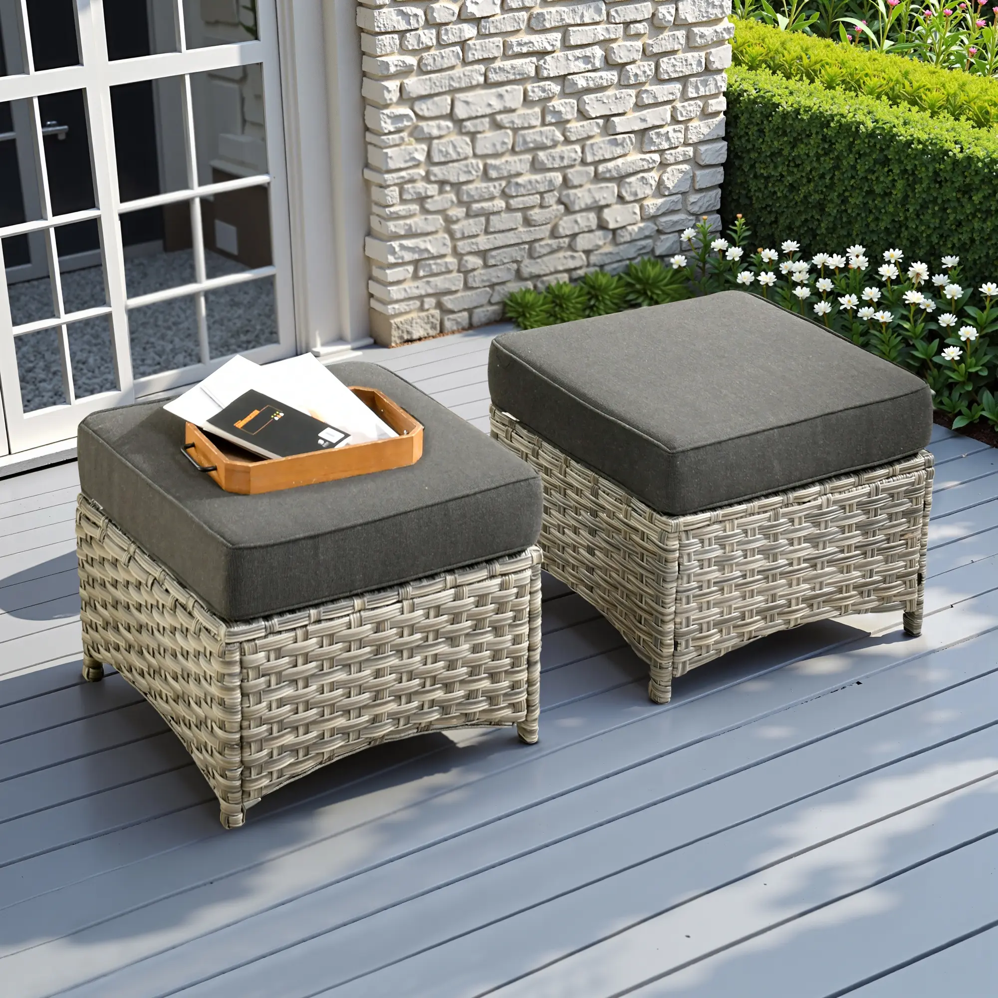【Summerfinds】OVIOS 2-Piece Outdoor Patio Ottoman Set with Cushions, All-Weather Wicker Footrests for Backyard, Patio, Porch, Deck, Garden & Balcony