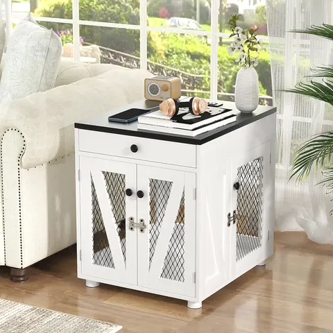 VOWNER Dog Crate Furniture, Wooden Dog Kennel End Table with USB Charging Station, Storage Drawer, Double Latched Door, Furniture-Style Crate Side Table for Small Dogs Under 25 lbs Indoor Use