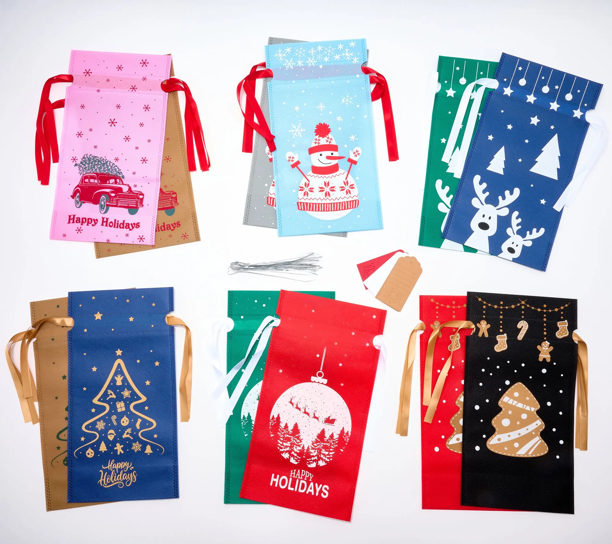 LocknLock Set of 12 Multi-Color Wine Gift Bags w/ Gift Tags