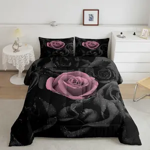 Rose Designer Comforter Set,Black Pink Rose Floral Flower Comforter,Garden Flower Luxury Full Size Bedding Set,Romantic Valentine's Day Duvet Set