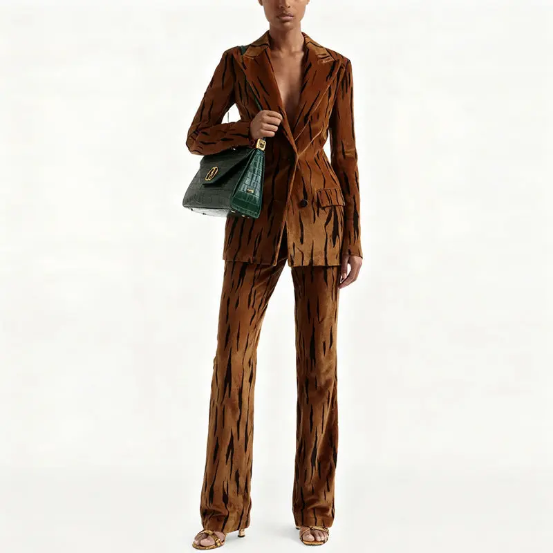 Tiger Stripe Velvet Two-Piece Suit-Double Breasted Blazer & High Waist Flared Floor-Length Pants