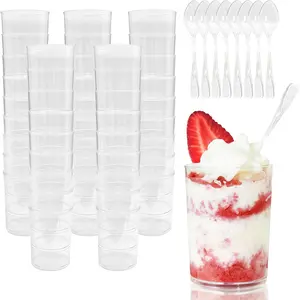 100-Piece Set of 3oz/5oz Plastic Mini Transparent Dessert Cups with Spoons, Parfait Cups, Plastic Clear Cups, for Weddings, Christmas Parties, Birthdays & Holidays. Perfect for Pudding, Fruit, Mousse, Ice Cream (50 Cups + 50 Spoons)
