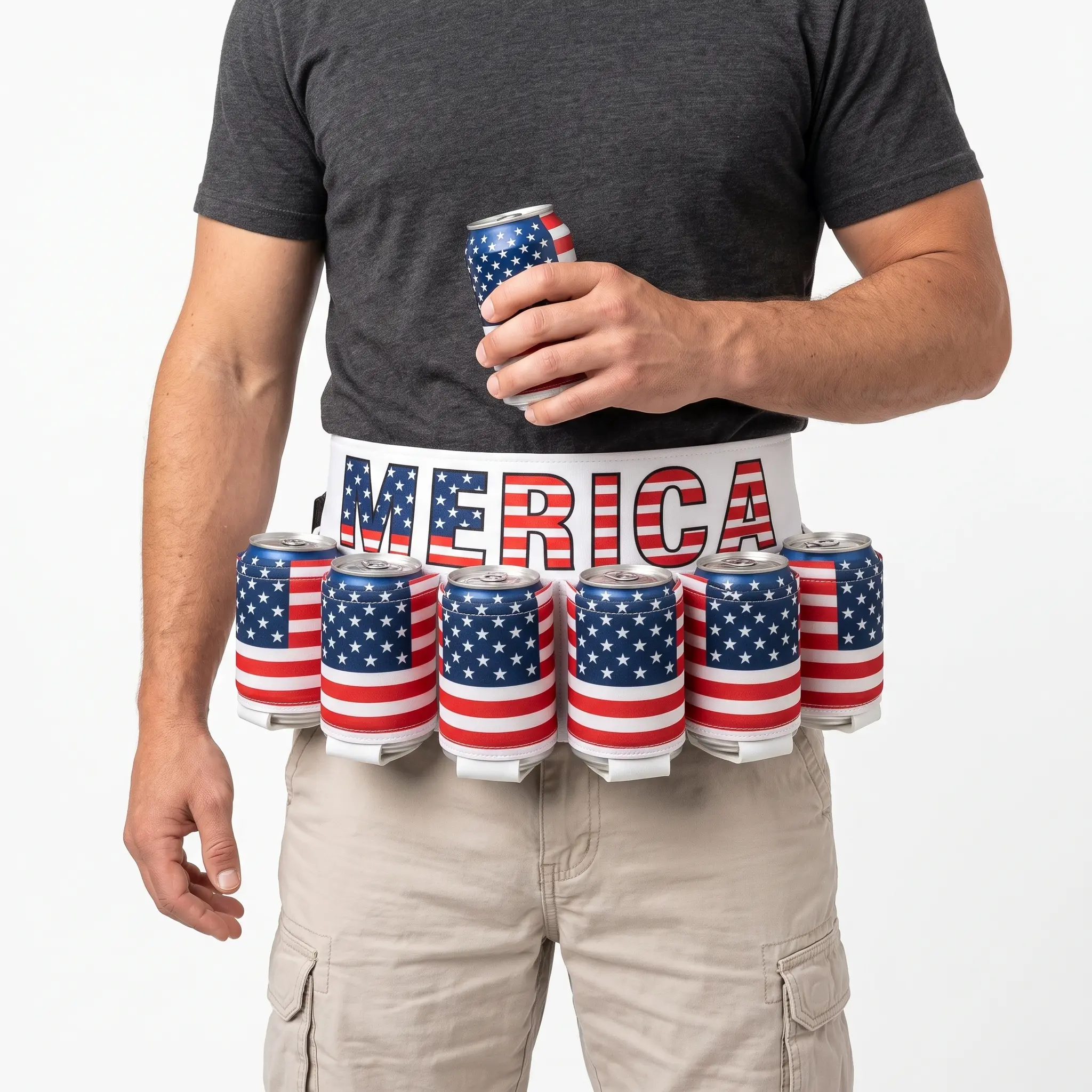 Patriotic USA Flag 6-Pack 12oz Can Holder Drink Belt, Hands-Free Adjustable Holster for Men, Men's Stuff Party Wear Drinkware Accessory for BBQ, 4th of July Parties, Bottles, Stars Stripes
