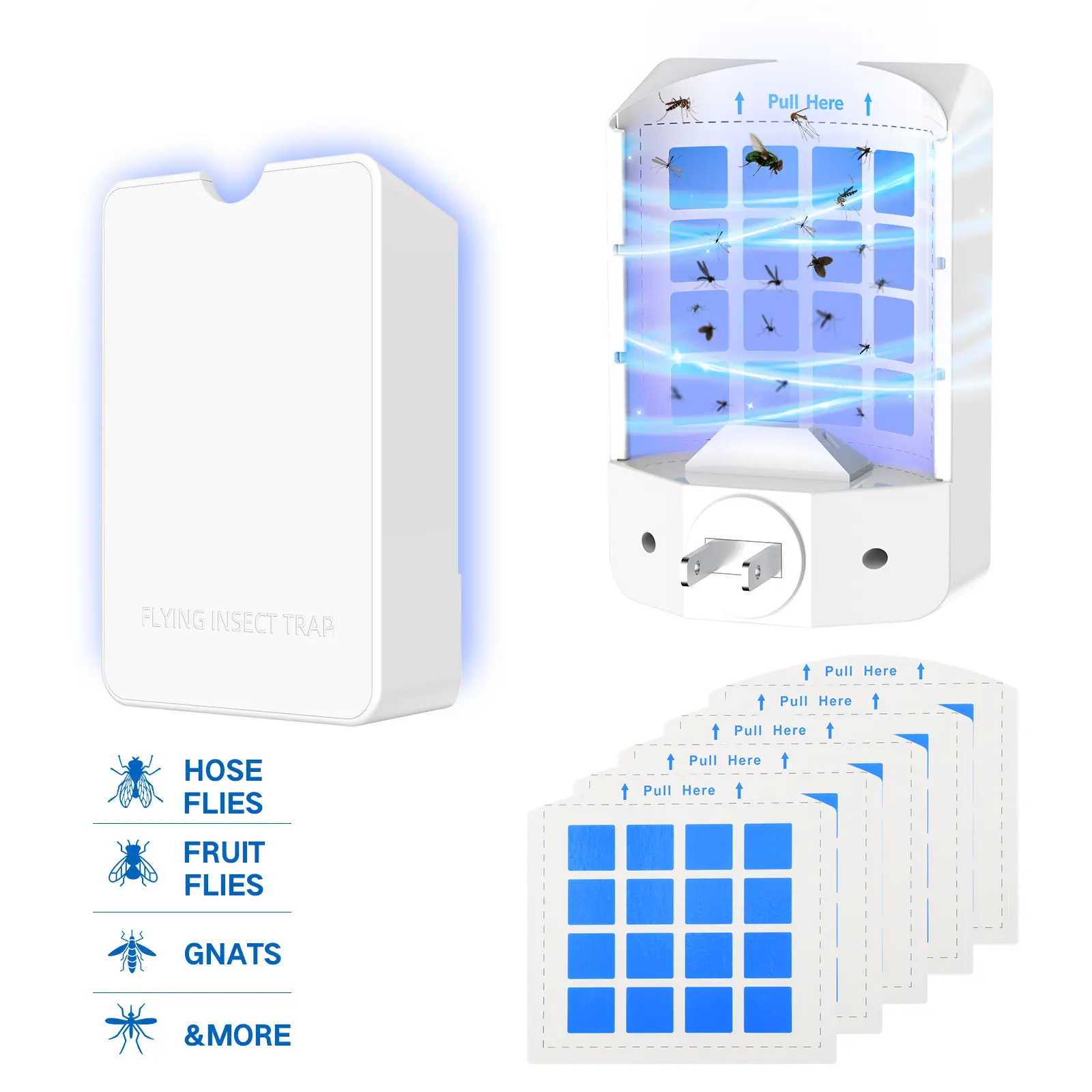 Flying Insect Trap for Indoor Use – Plug-in Bug Catcher with 5 Refill Cartridges & Blue/UV Light Technology – Mess-Free Solution for Gnats, Fruit Flies, House Flies