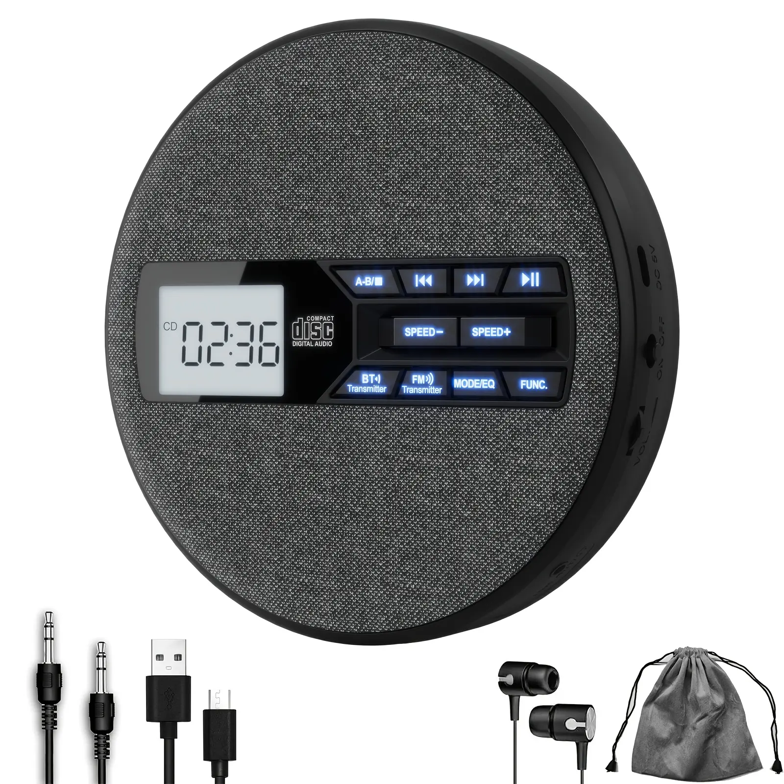 Rechargeable Compact Wireless CD Player with Bluetooth, Built-in Audio Speakers, Shock Protection, USB MP3 Playback, LCD Backlit Display, FM Transmitter, AUX Input, 5 EQ Modes, Adjustable Memory Function, Long Battery Life for Travel, Father's Day Gift
