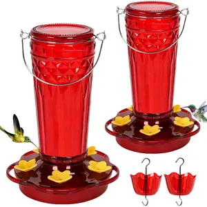 2 Pack Glass Hummingbird feeders for Outdoors 14Ounces,5 Feeding Ports Hummingbird Feeder,Wide Mouth for Easy Filling/Cleaning, for Garden Backyard Decor, Includes Ant Moat (Red,2Pack)