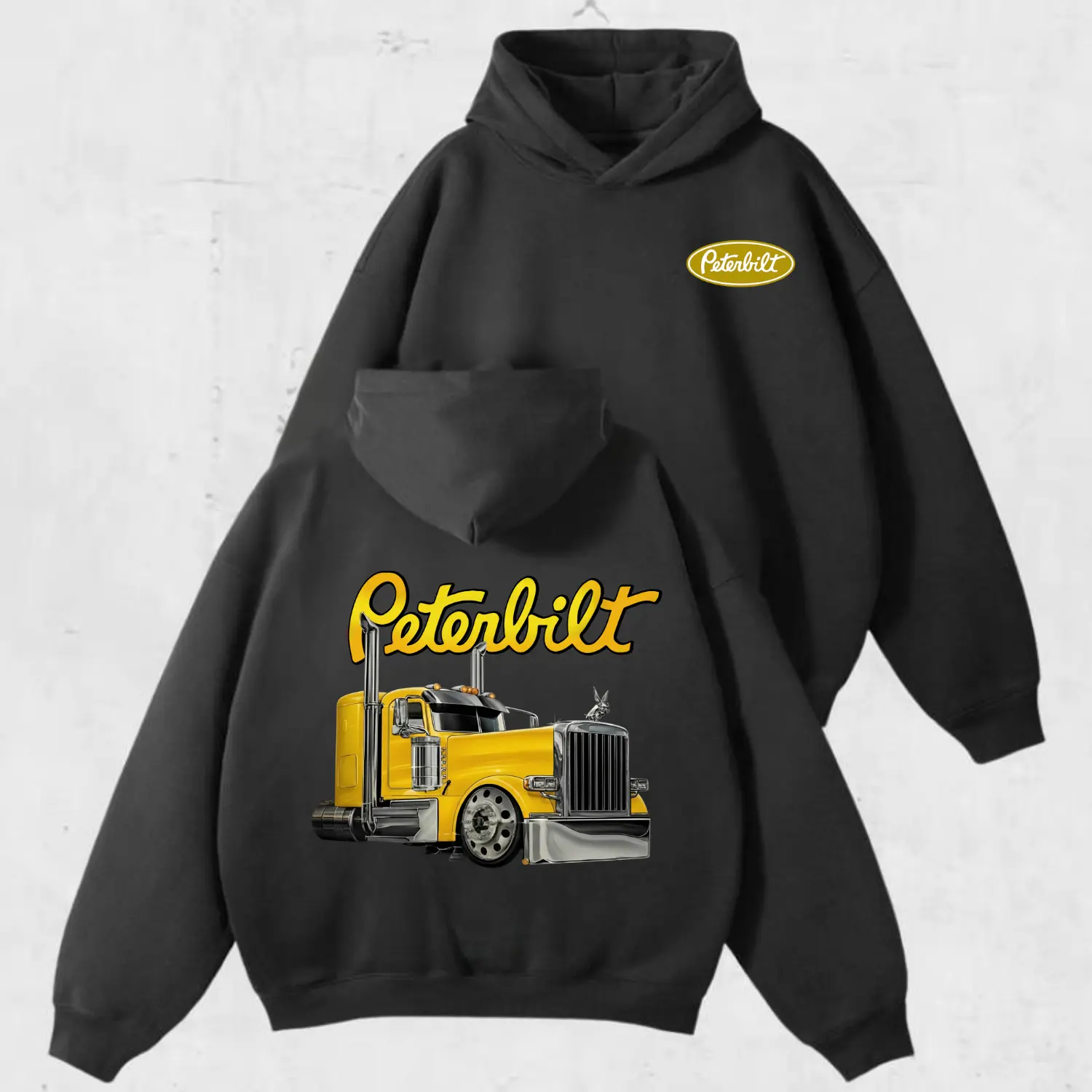 Peterbilt Yellow Truck Graphic Hoodie – Black Oversized Pullover Hoodie with Vintage Semi Truck Print Back & Chest Logo, Unisex Streetwear Sweatshirt