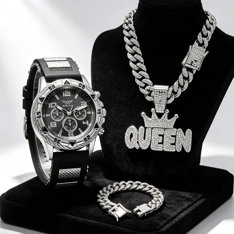 4pcs/set Men's Luxury Watch, Necklace, Bracelet Set, Rhinestone Watch Cuban Chain Necklace QUEEN Pendant and Bracelet. Stylish Men's Accessory, Exquisite Set Ideal Gift for Unisex Male Man