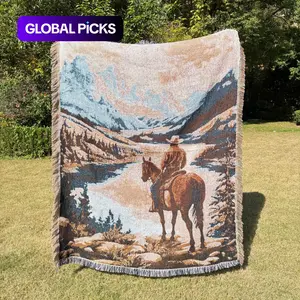 Western Cowboy-Patterned Bohemian-Style Jacquard Tassel Blanket, Thick Breathable Yarn Throw with Tassels for Home Decor, Sofa Couch Chair, Bed, Outdoor Camping Picnic, Non-Printed, Fade-Resistant, No Pilling #GLOBAL PICKS