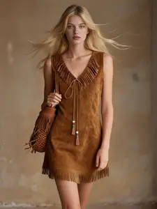 Women's Western Cowboy Bohemian Boho Casual Style Suede Fringe V-Neck Sleeveless Dress, Slimming Short Design, Elegant Floral Pattern, All Seasons Wear, Womenswear