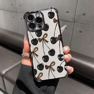 Cherry leopard print bow pattern four-corner shockproof transparent electroplated protective phone casefor iPhone Samsung Galaxy 17 Air 16Pro Max 15 14Plus 13 12 11XR XS S25 S24 S23,Simple and stylish camera Protection DurablePhone Case.