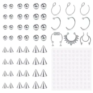 Fake Eyebrow Ring Fake Lip Labret Studs Replacement Balls Spike with 100pcs Sticker Non-Piercing Body Jewelry Fake Skin Piercing