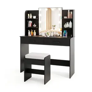 COSTWAY - Vanity Set with Lighted Mirror and Stool with Power Outlet-Black