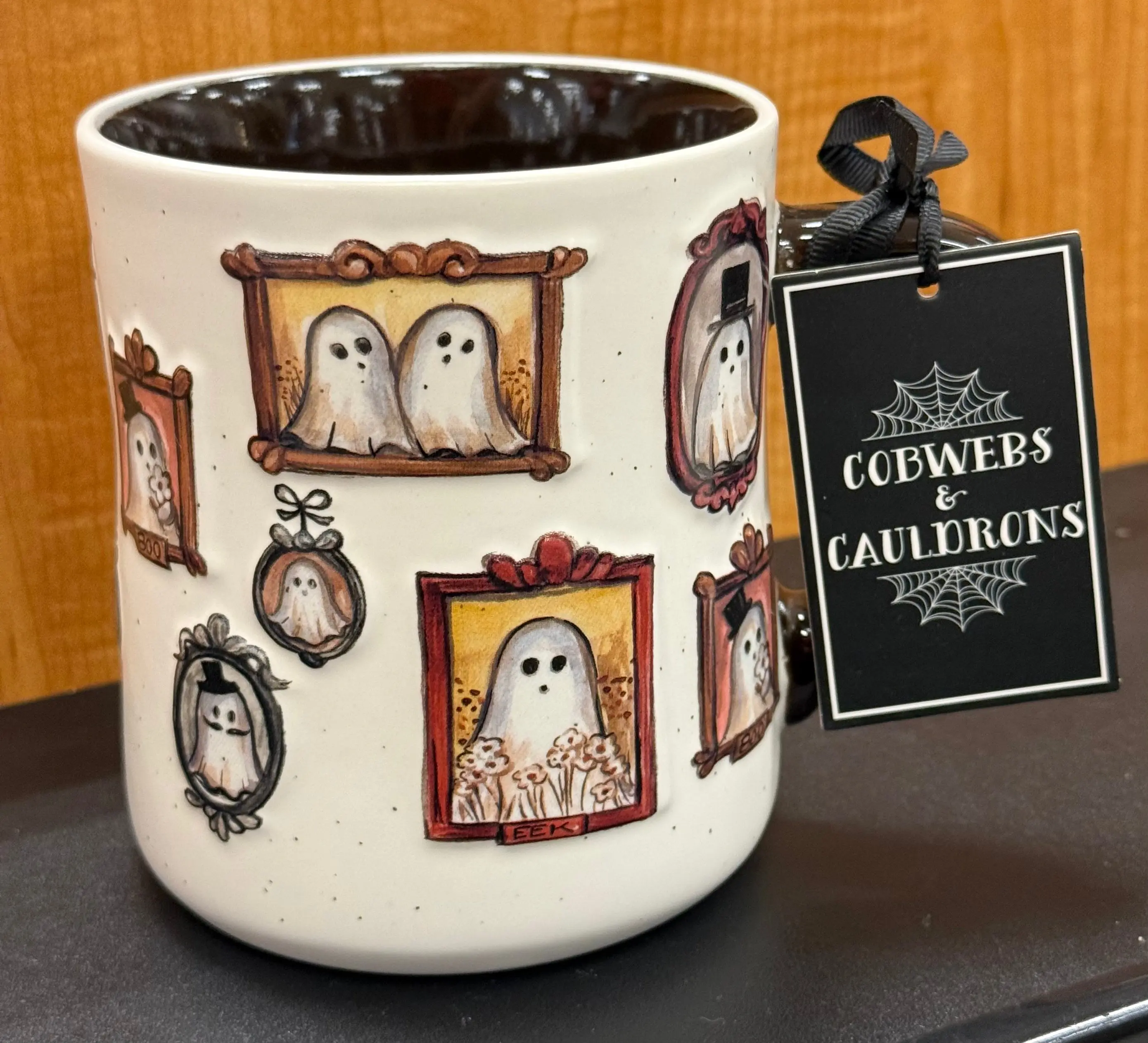 New Cobwebs and Cauldrons ceramic ghost photo frame coffee mug