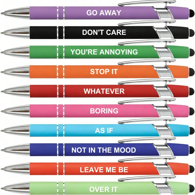 10Pcs Funny Sarcastic Ballpoint Pens, Mood Quotes, Multicolor, 2-in-1 Stylus Tip, Smooth Writing, Office Writing Tool, Perfect for Office Humor, Coworker Gags & Daily Use, Office Stationery Supplies
