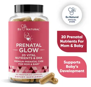 Eu Natural Glow Prenatal Vitamins for Women – 20-in-1 Vital Nutrients for Healthy Pregnancy and Fetal Development – Folic Acid & Vegan DHA For Baby's Growth & A Comfortable Pregnancy – No Fillers