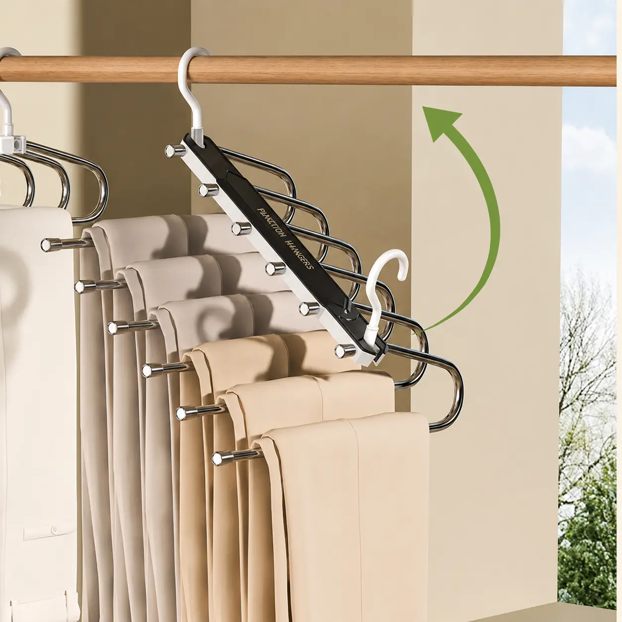 6-Layer Pants Hanger for Storage Organization, Space-Saving Closet Organizer with 50mm Wide Spacing, Non-Slip Multifunctional Hangers & Pegs for Jeans Trousers Wardrobe, Non Slip Hangers & Pegs Hanging