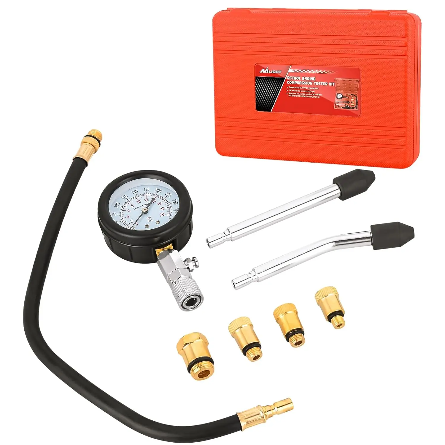 Nilight 8PCS Automotive Repair Test Gauge Set, 0-300 PSI Petrol Engine Cylinder Pressure Diagnostic Tool for Cars, Motorcycles, with Anti-Scratch Coating, Rubber & Acrylic Glass Adapters, 17.7in Portable Repair Accessory