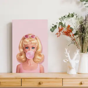Glam Barbie doll with pink sunglasses blowing bubble gum canvas wall art, 2D HD print pop art poster, framed/unframed wall decor for home, chic pink Barbie artwork, great home decoration gift