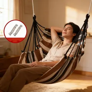 Hammock Chair Swing with Ropes & 2 Cushions 500 Lbs Heavy Duty Steel Spreader Bar Anti-Slip Rings Portable Indoor Outdoor Hanging Chair for Patio Bedroom Garden Balcony