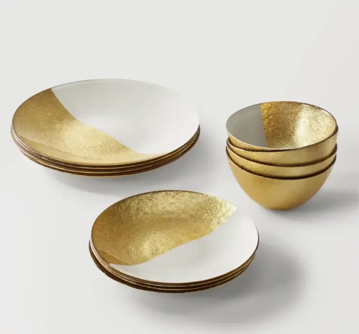 Z Gallerie Gemini Dinnerware Sets - White and Gold Tableware Kit Bowl  Glass Home Dining Plate Set Glassware Set Dish Set