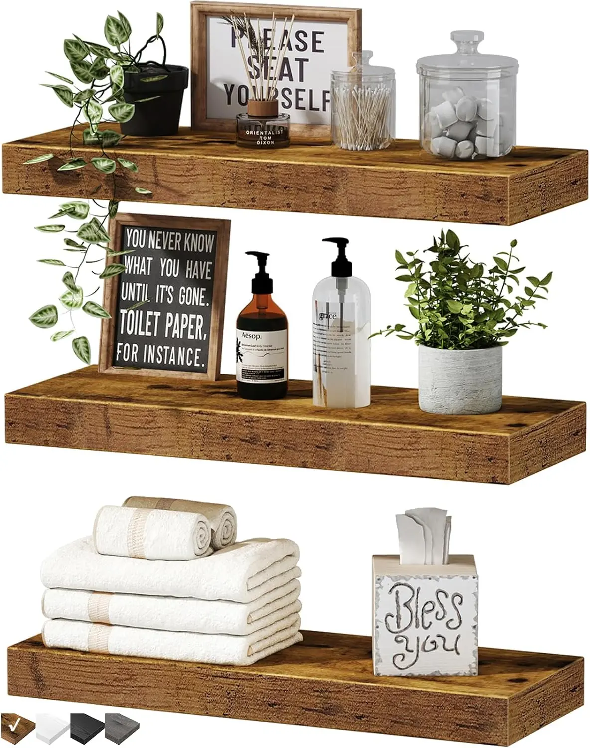 3pcs Durable Wooden Floating Shelves - Farmhouse Vintage Brown Heavy Duty Wall Mount Hanging Bookshelves, 16in Home Supplies Home Decor for Bathroom, Kitchen, Set