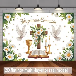 First Communion Background Banner, Floral Dove Cross Design, Ideal for Church Decoration & Photo Prop, Perfect for Anniversaries, Wall Decor Banner