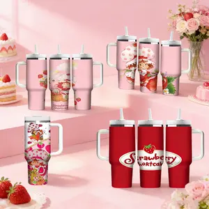 1pc 40oz large capacity stainless steel insulated cup with handle - Strawberry Sweetheart, cute cartoon girl design,keeps hot and cold drinks | Birthday party or best friend gift, creative design makes the cup body more interesting and three-dimensional