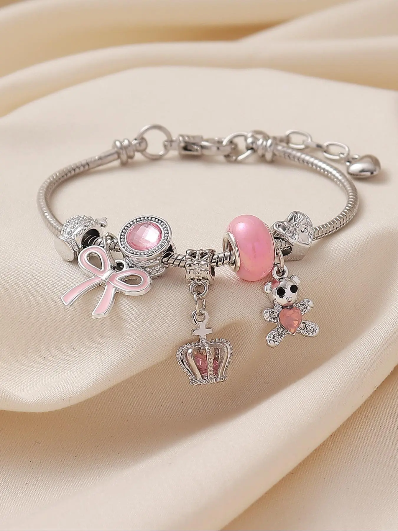 Mother's Day Gift Cute Cartoon Bear & Heart & Crown Design Charm Bracelet, Rhinestone Decor Adjustable Link Bracelet, Fashion Accessories for Women & Girls, Valentine's Day