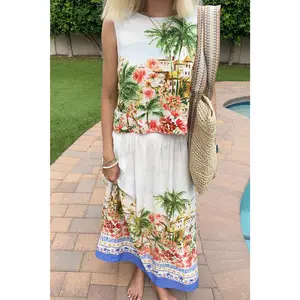 Meet Me in Capri Tropical Print Satin Midi Skirt