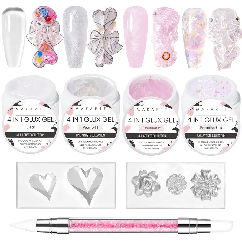 Makartt Valentine's Day Solid Builder Gel Trial Kit - Nail Extension, UV Glue, Rhinestone Gel, 3D Sculpture, with Silicone Molds and Sculpting Brush Nail Art Nail Care