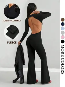 Women's V-Back Fitted Elastic Waist Jumpsuit, High Stretch Waist Cinch Butt Lift Micro Flare Pants, Casual Style Solid Short Sleeve All Seasons