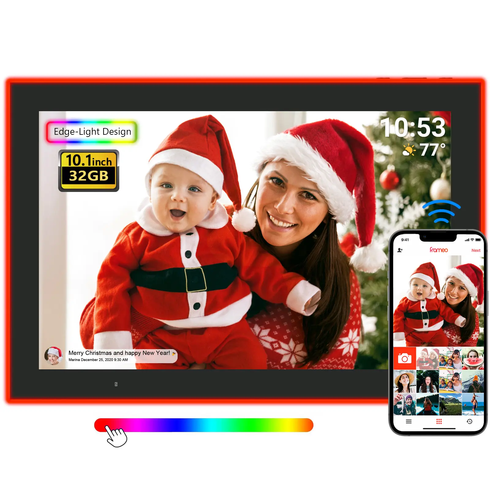 FRAMEO WiFi Digital Picture Frame - 10.1in Edge-Light Design, 32GB HD IPS Touch Screen LED, Wall-Mounted, Easy Setup for Sharing Photos/Videos via Frameo App, Decor Gift for Room Decor