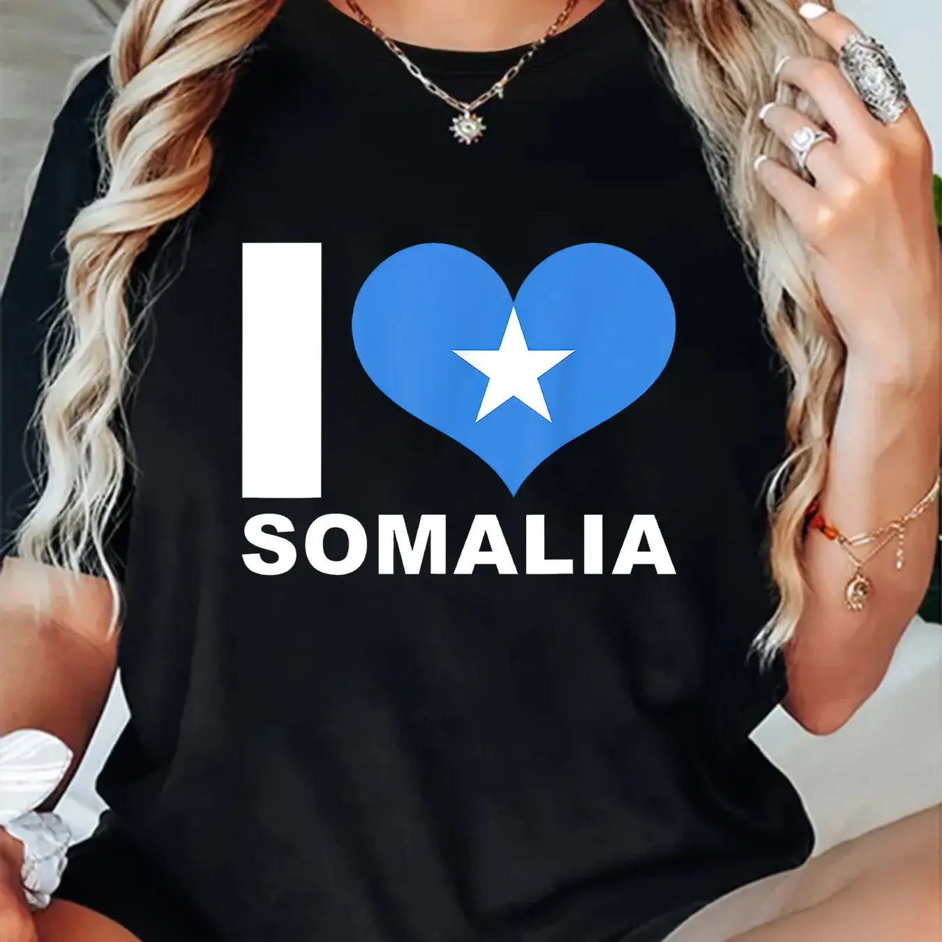 Women's T-Shirt with 'I Heart Somalia' Digital Print, Casual 100% Cotton Shortsleeve Loose Fit Round Neck Top for All Seasons, Minimalist Basic, Drape Detail, Ruffled Sleeves, Crew Neck