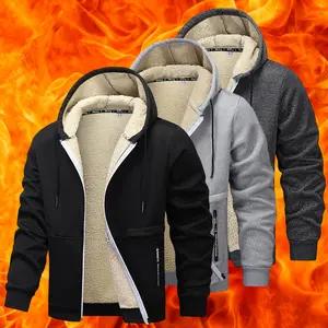 Men's Casual Zipper Wool Lined Hoodie - 100% Polyester Solid Color Long Sleeve Jacket, Lightly Stretchable Fabric, Suitable for Spring, Autumn, Hiking & Outdoor Activities, Regular Fit Hooded Sports Shirt, Men’s Warm Coat, Day Fleece Menswear  Beige Black