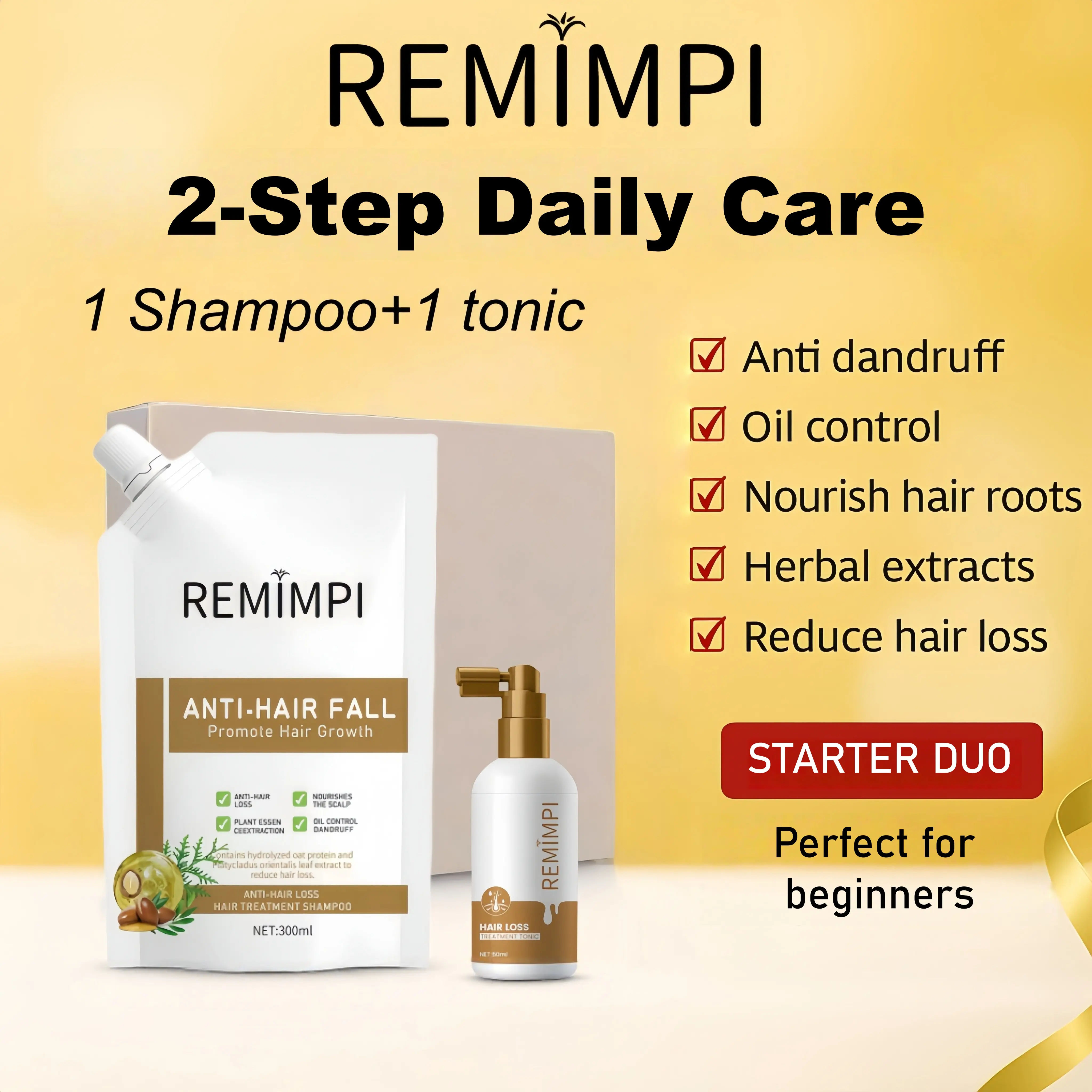 REMIMPI Anti-Hair-Loss Starter Set – 1 Shampoo + 1 Hair Growth Tonic | 2-Step Routine to Reduce Hair Fall & Promote Regrowth (300 ml + 50 ml)