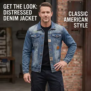 Vintage Denim Jacket - Distressed Ripped Heavy Washed, 3D Cut, Patchwork, Lapel Collar, Five-Button, Loose Fit, Western Style, All-Season Layering, Mature Men’s Sturdy [LIVING]