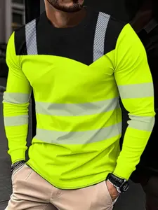 Men's Sport Long Sleeve T-Shirt, Fluorescent Color Patchwork Quick-Dry Top, Fashion Fitted Short Length, Spring & Fall Wear