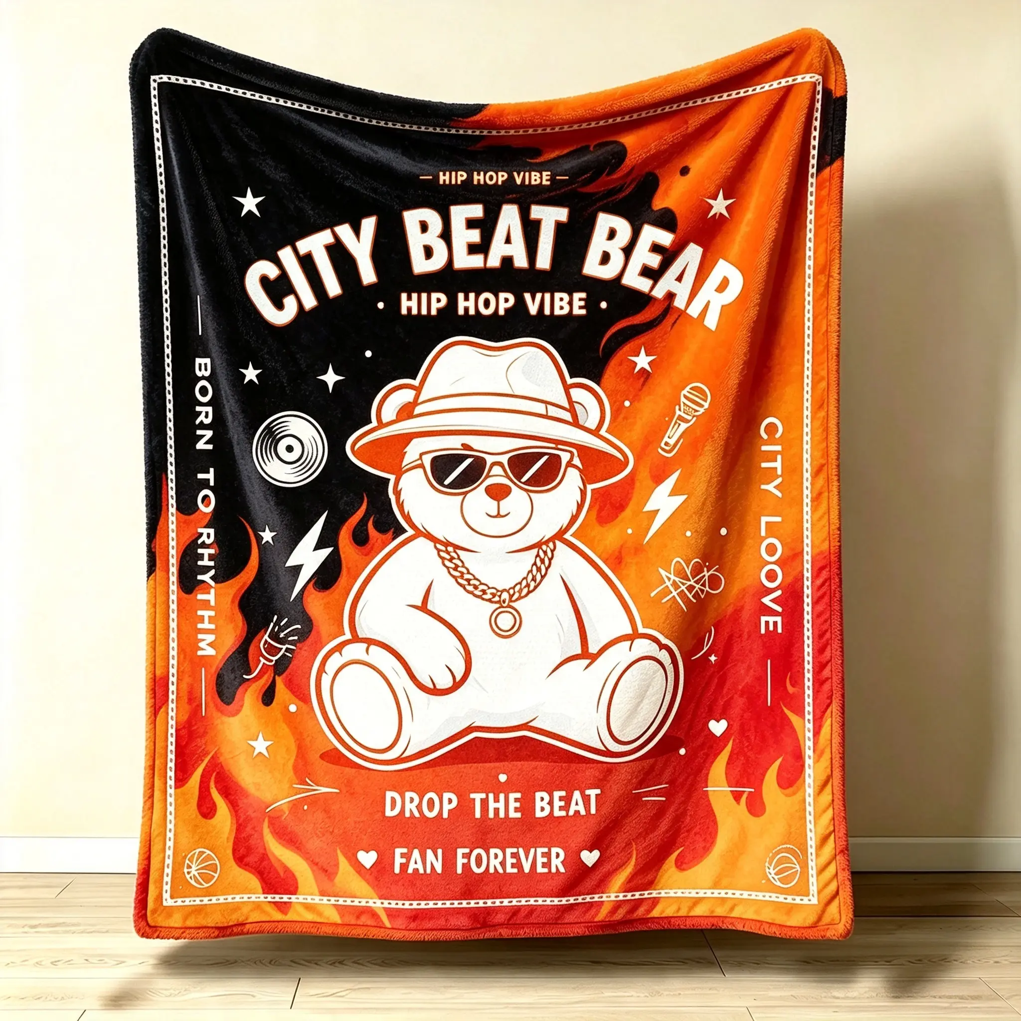 City Beat Bear Hip Hop Velvet Throw Blanket, Urban Street Style Cozy Blanket, Modern Room Decor Blanket Gift For Teens And Adults