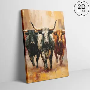 Western Home Art Wooden‑Framed Canvas Decor , Modern Abstract Print of Running Fort Worth Texas Longhorn, Suitable for Farmhouse, Living Room and Office Vintage Poster Cowboy wicked good